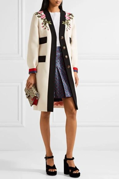 Shop Gucci Appliquéd Grosgrain-trimmed Wool Coat In Ecru