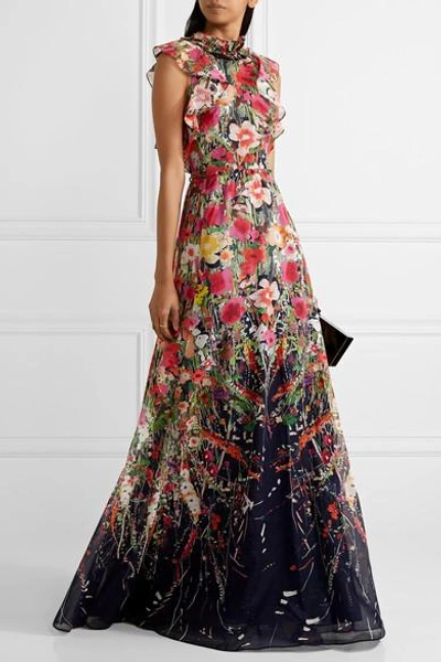 Shop Lela Rose Ruffled Floral-print Cotton-voile Gown