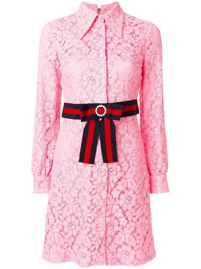 Shop Gucci Cluny Lace Dress With Web Waistband - Pink