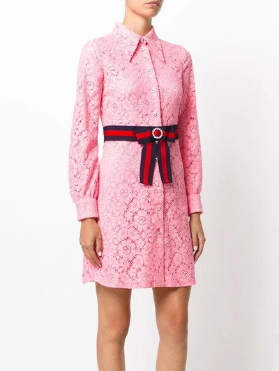 Shop Gucci Cluny Lace Dress With Web Waistband - Pink
