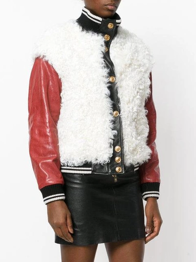 Shop Fausto Puglisi Leather Bomber Jacket - White