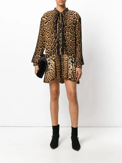 Shop Saint Laurent Leopard Print Neck Tie Dress In Black