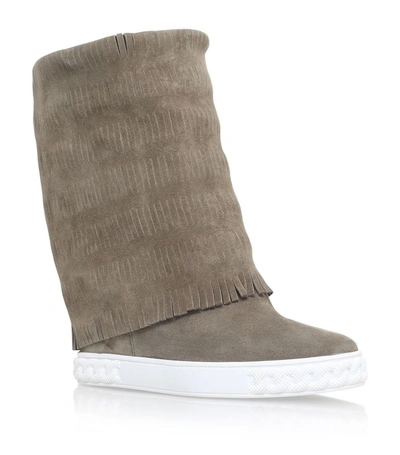 Shop Casadei Chaucer Fringed Suede Wedge Boots In Green
