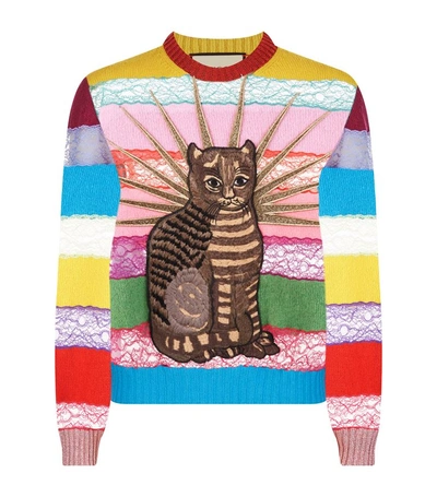 Shop Gucci Cat Embroidered Lace Sweater In Pink