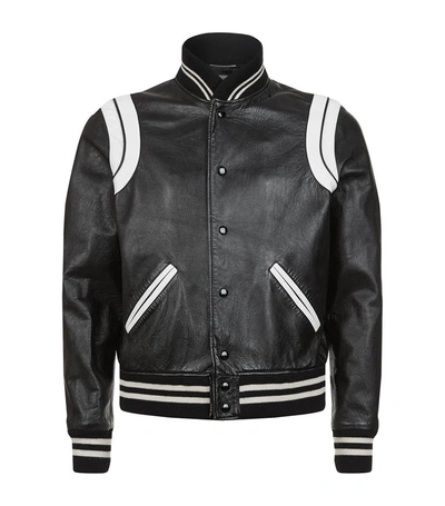 Shop Saint Laurent Leather Teddy Varsity Jacket In Black