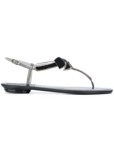 René Caovilla Bow Embellished Flat Sandals In Dark Grey | ModeSens