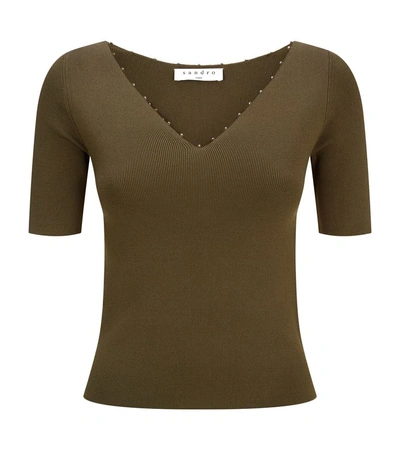 Sandro Ribbed Knit Ball Trim Top In Green