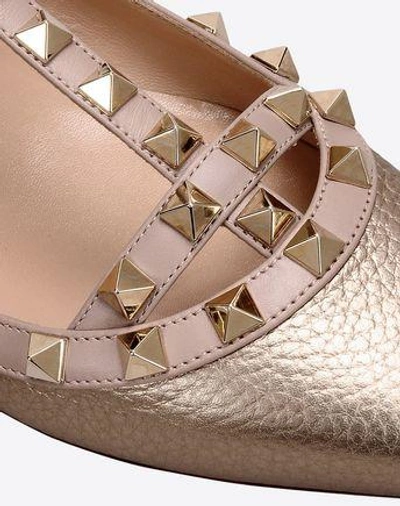 Shop Valentino Rockstud Metallic Grainy Calfskin Ankle Strap Ballet Flat In Gold