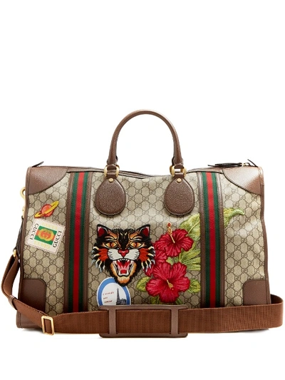 Gucci Courrier Gg Supreme Embroidered Leather Holdall In Tonal-brown
