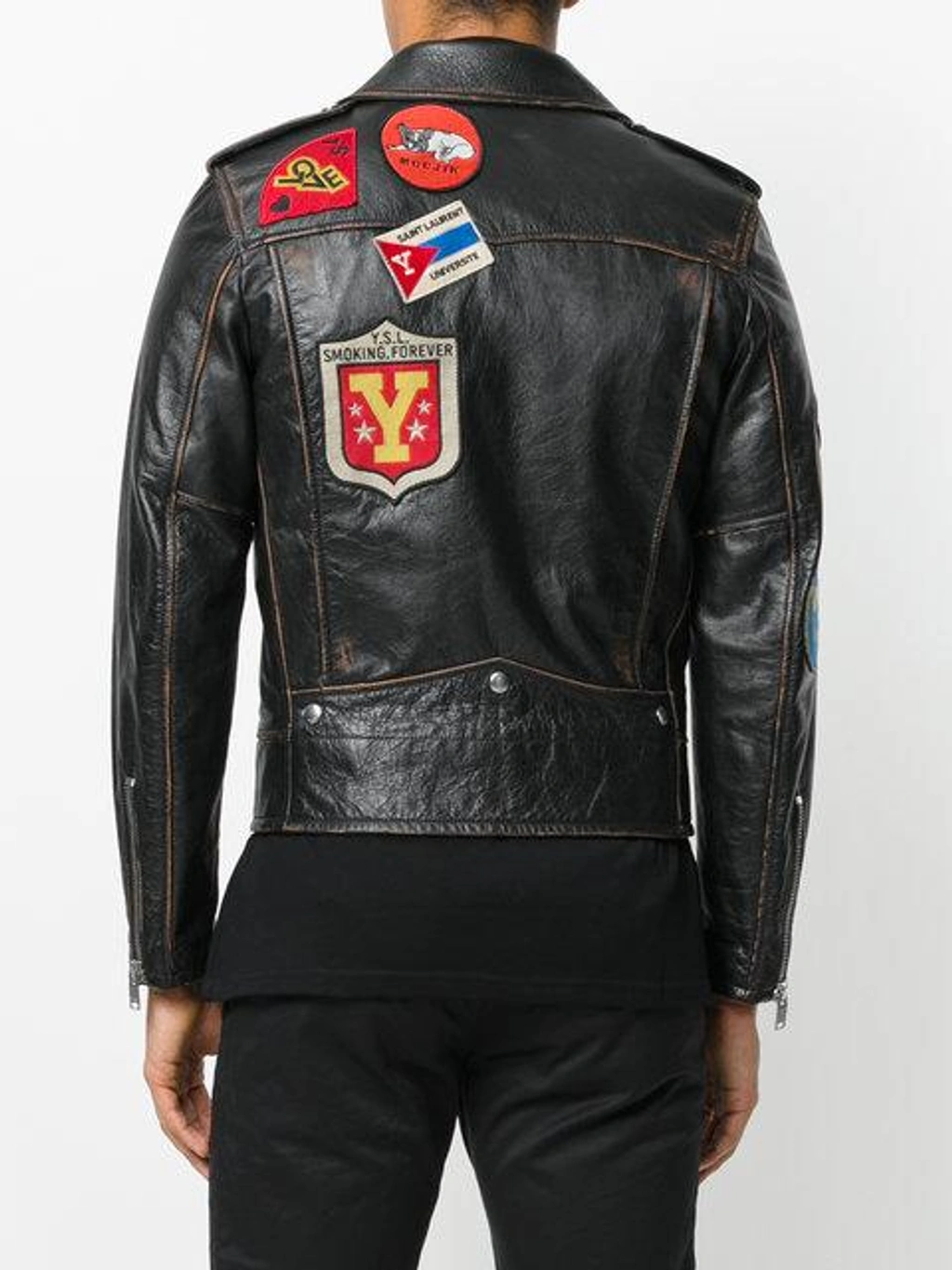 Saint Laurent Black Leather Multi patch Motorcycle Jacket ModeSens