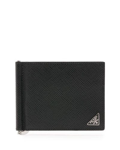 Prada Saffiano Leather Money-clip Wallet In Navy/lt. Blue