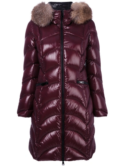 Moncler Shiny Quilted Down Coat W/fox Fur Hood In Maroon