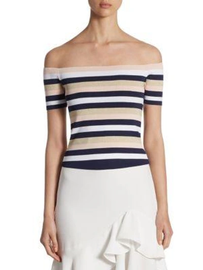 Shop Scripted Striped Rib-knit Off-the-shoulder Sweater In Navy Stripe