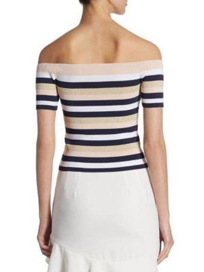 Shop Scripted Striped Rib-knit Off-the-shoulder Sweater In Navy Stripe