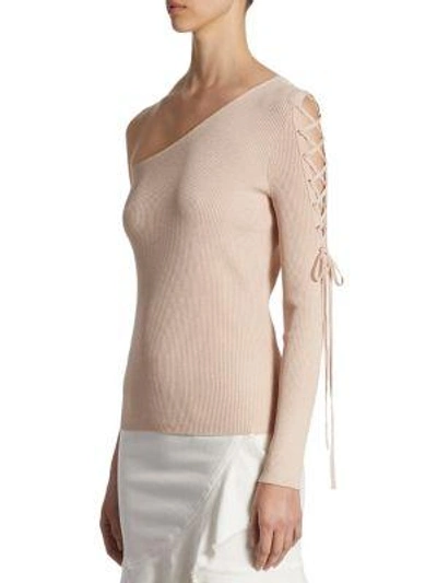 Shop Scripted Lace-up One-shoulder Sweater In Blush Lurex