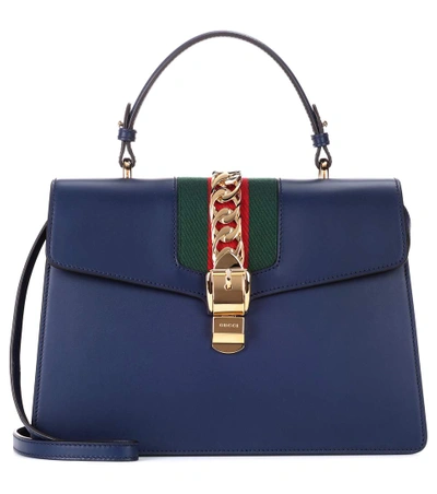 Gucci Sylvie Embellished Leather Tote In Blue