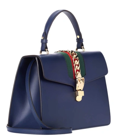 Shop Gucci Sylvie Embellished Leather Tote In Blue