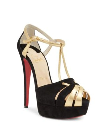 Christian Louboutin Glennalta 150 Suede & Metallic Leather Platform Sandals In Black Gold