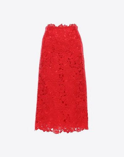 Shop Valentino Straight Guipure Rebrodé Skirt In Rosso