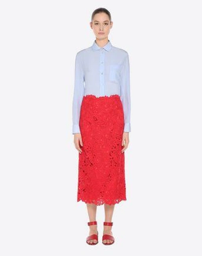 Shop Valentino Straight Guipure Rebrodé Skirt In Rosso