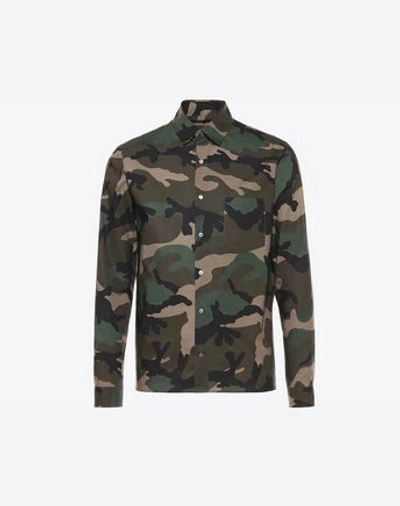 Valentino Camouflage Print Poplin Shirt In Military Green