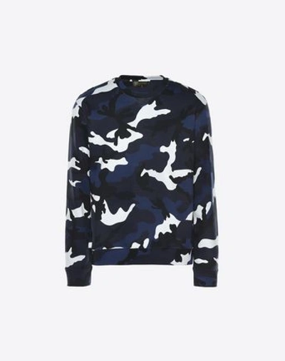 Shop Valentino Uomo Camouflage Print Crew Neck Sweatshirt Man Dark Blue Cotton 92%, Polyamide 8% L