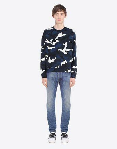 Shop Valentino Uomo Camouflage Print Crew Neck Sweatshirt Man Dark Blue Cotton 92%, Polyamide 8% L