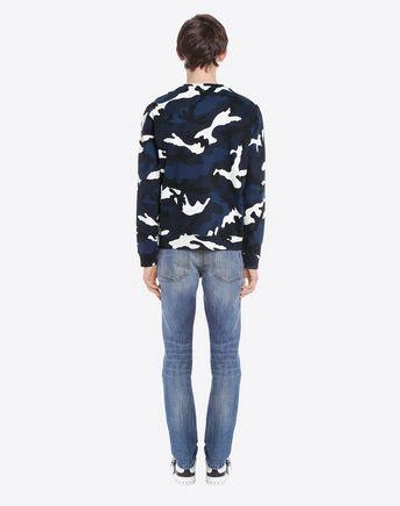 Shop Valentino Uomo Camouflage Print Crew Neck Sweatshirt Man Dark Blue Cotton 92%, Polyamide 8% L