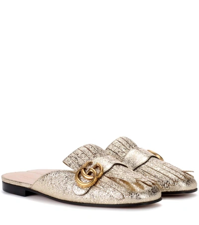 Shop Gucci Metallic Leather Slippers In Gold