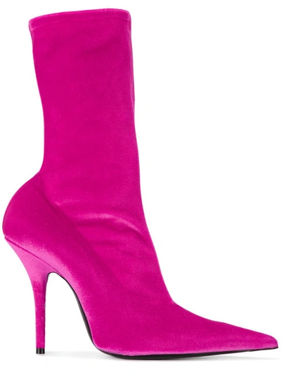 Balenciaga Pink Velvet Stiletto Knife Boots In Pink/purple