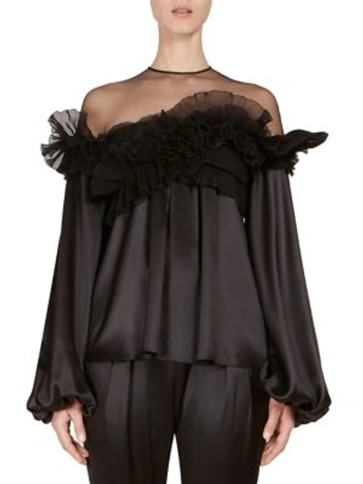 Givenchy Silk Satin Sheer-yoke Ruffle Top, Black