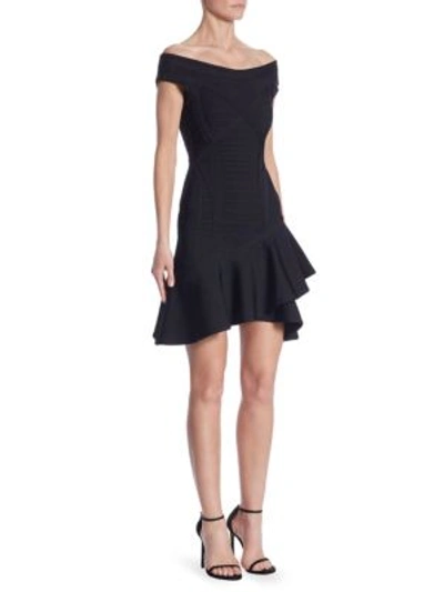 Shop Herve Leger Nicole Off-the-shoulder Dress In Black