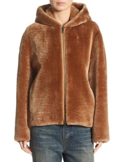 Vince Zip-through Hooded Shearling Jacket In Camel