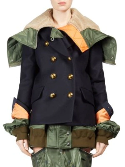 Shop Sacai Wool Double Breasted Coat In Navy