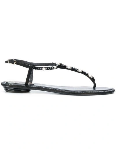 Shop René Caovilla Beaded T-strap Flat Sandals - Black
