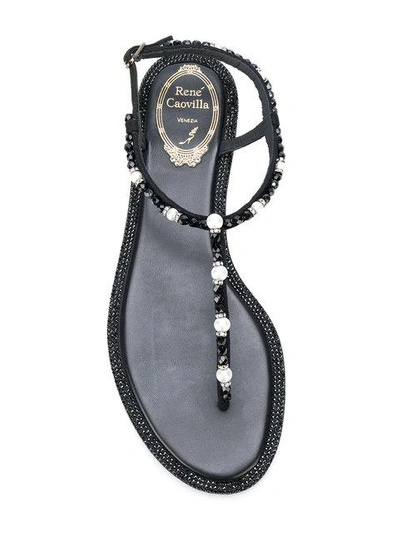 Shop René Caovilla Beaded T-strap Flat Sandals - Black