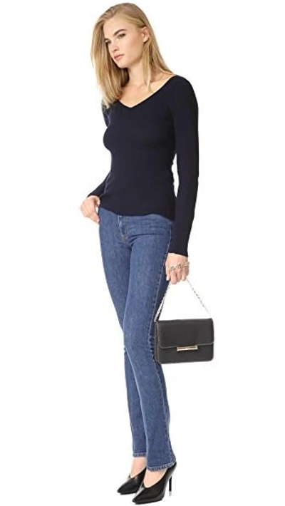 Shop Adam Lippes Long Sleeve Ribbed Open Neck Top In Navy/black