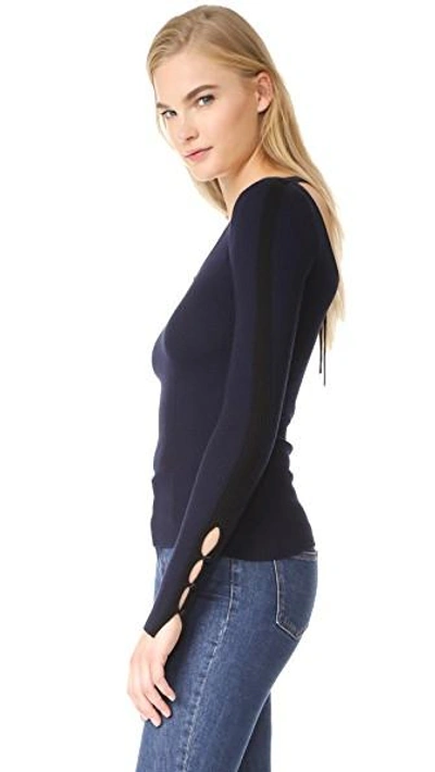 Shop Adam Lippes Long Sleeve Ribbed Open Neck Top In Navy/black