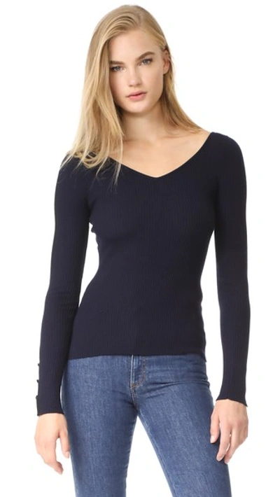 Shop Adam Lippes Long Sleeve Ribbed Open Neck Top In Navy/black