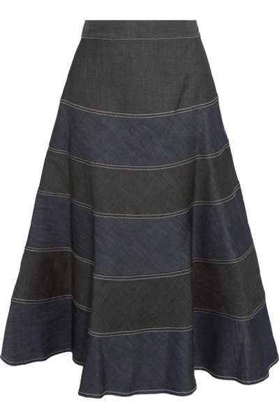 Vilshenko Matrona Striped Denim Midi Skirt