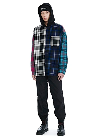 Shop Alexander Wang Wool Tartan Combo Hooded Shirt In Navy Blue