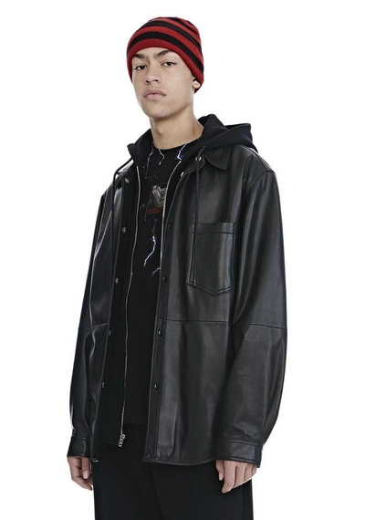 Shop Alexander Wang Leather Combo Hooded Shirt In Black