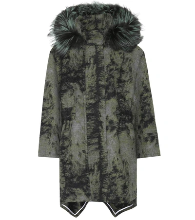 Fendi Wool Illusion Coat With Detachable Fox Trim Hood In Green, Abstract.