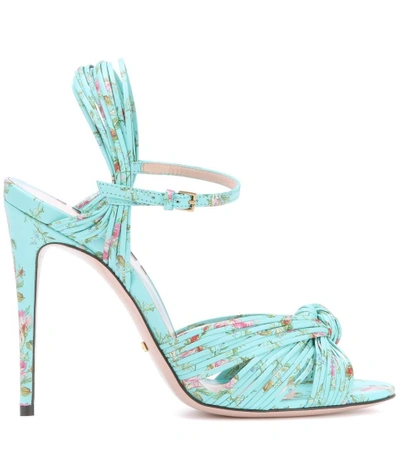 Shop Gucci Floral-printed Leather Sandals In Turquoise