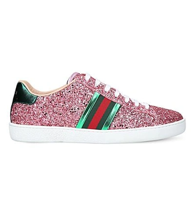 Shop Gucci New Ace Striped Glitter Sneakers In Pink
