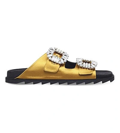 Shop Roger Vivier Slidy Viv Crystal-embellished Metallic Leather Sandals In Mustard