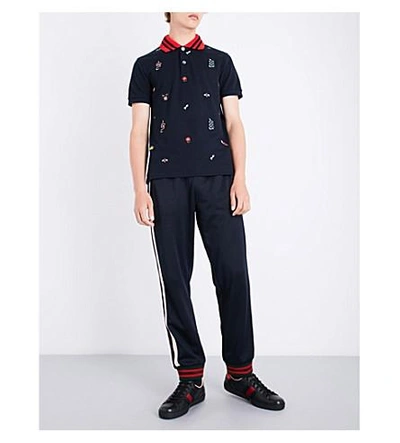 Shop Gucci Embroidered-motif Cotton-piqué Polo Shirt In Navy