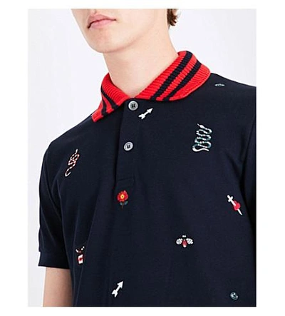 Shop Gucci Embroidered-motif Cotton-piqué Polo Shirt In Navy