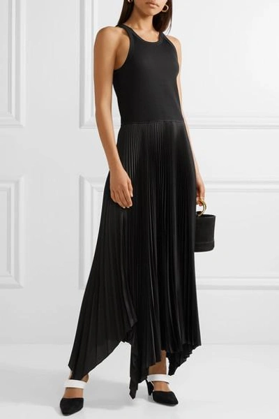 Shop Theory Vinessi Ribbed Stretch-knit And Pleated Satin Maxi Dress In Black