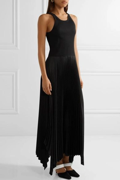 Shop Theory Vinessi Ribbed Stretch-knit And Pleated Satin Maxi Dress In Black